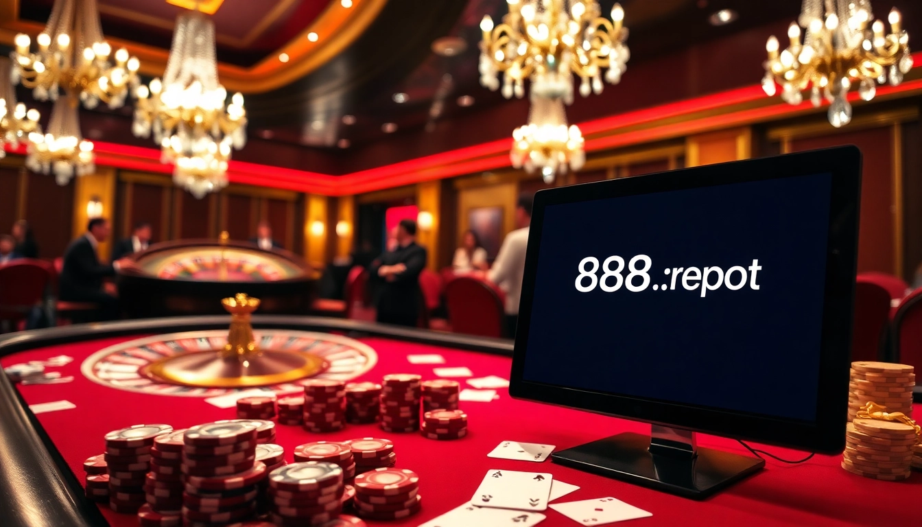 Gamblers strategize and win at 888b.report in an elegant casino setting.