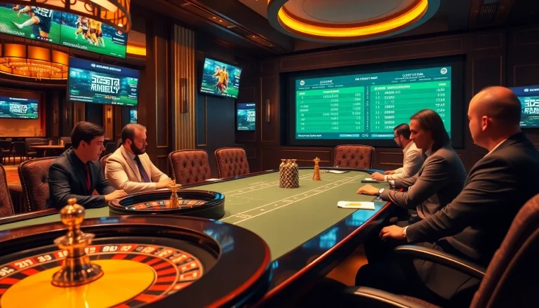 Engaging players analyzing nhận định kèo nhà cái at an elegant casino table with betting elements.