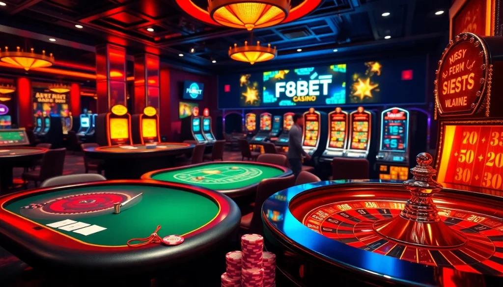 Play thrilling games at F8BET, showcasing vibrant casino elements with poker, roulette, and slot excitement.