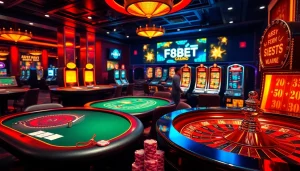 Play thrilling games at F8BET, showcasing vibrant casino elements with poker, roulette, and slot excitement.