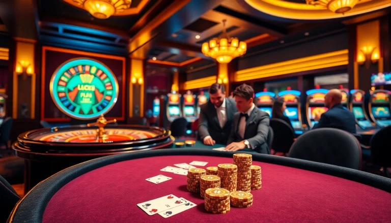 Luck8 poker table with vibrant chips and cards in a luxurious casino setting.