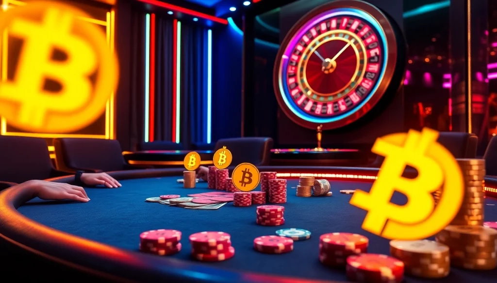 Joueurs engagés dans un casino Bitcoin luxueux avec des tables de poker modernes et une décoration vive.