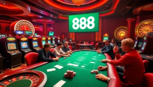 Players enjoy high-stakes poker at a luxurious U 888 casino table surrounded by vibrant slots and roulette wheels.