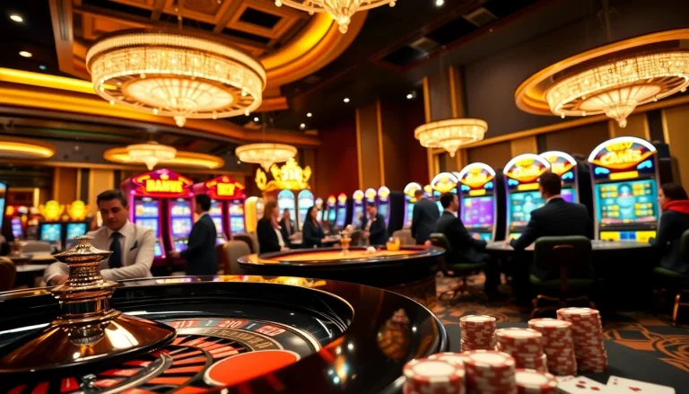 IWIN68 players enjoy thrilling games at an upscale casino with roulette and poker tables.