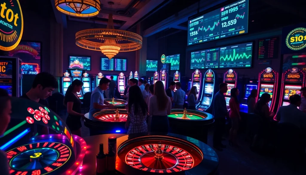 Joueurs enthousiastes au crypto casino, avec des tables de jeux lumineux et un environnement dynamique.