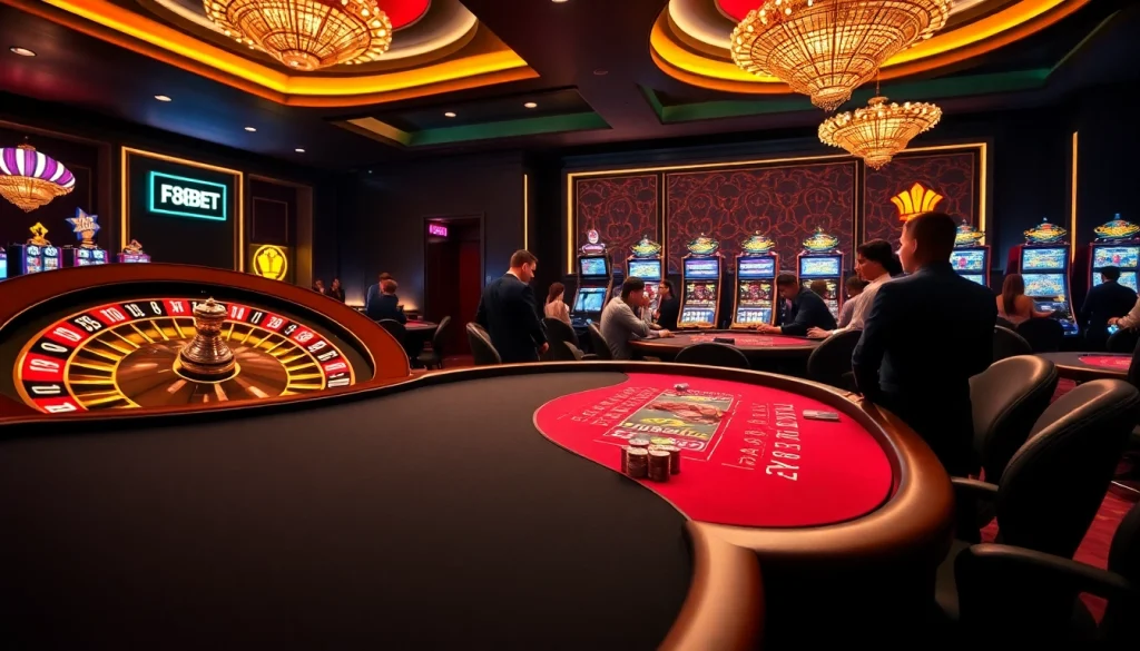 Experience F8BET excitement at a lively casino with engaging players and glowing tables.