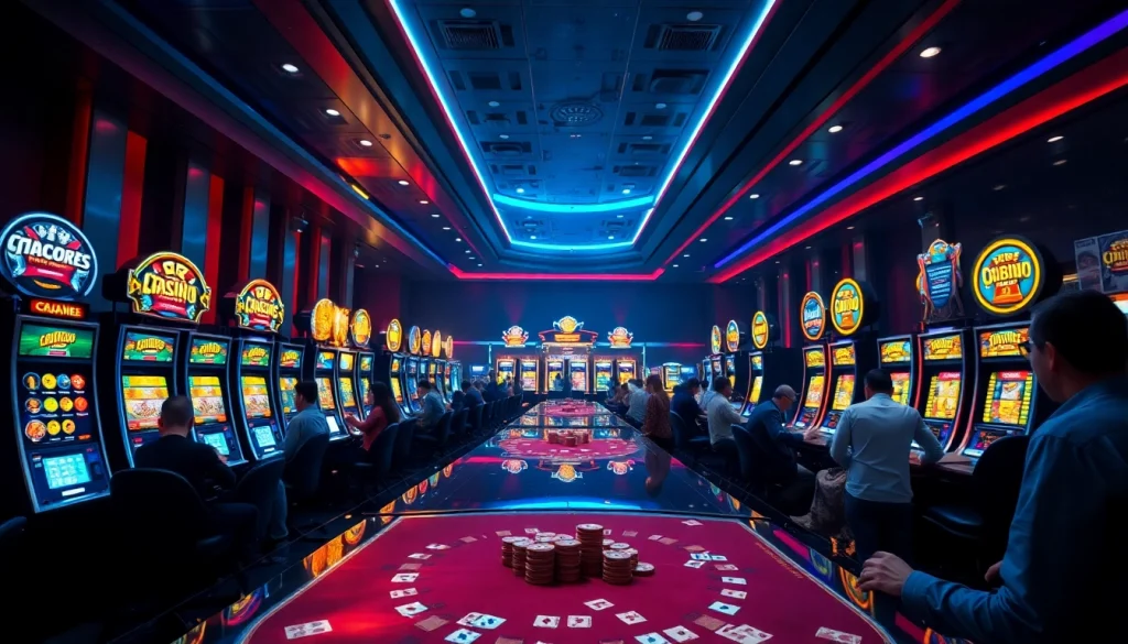 Jouez dans un crypto casino avec des lumières vives et des machines à sous captivantes.