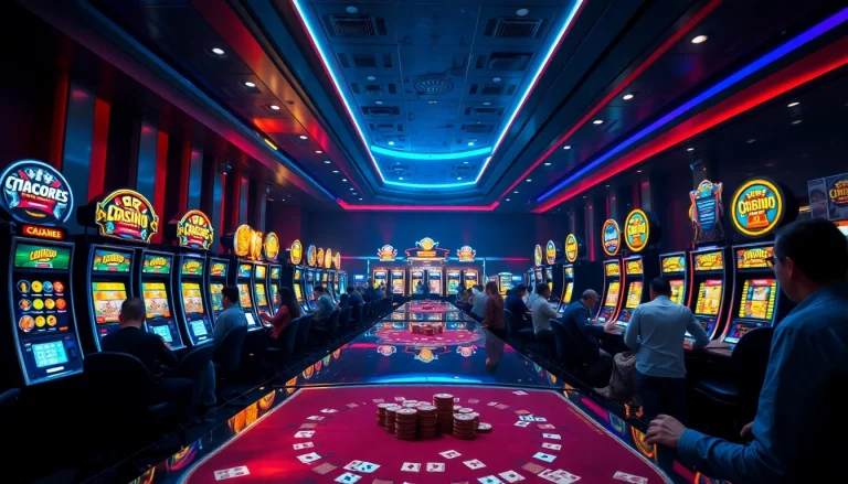 Jouez dans un crypto casino avec des lumières vives et des machines à sous captivantes.