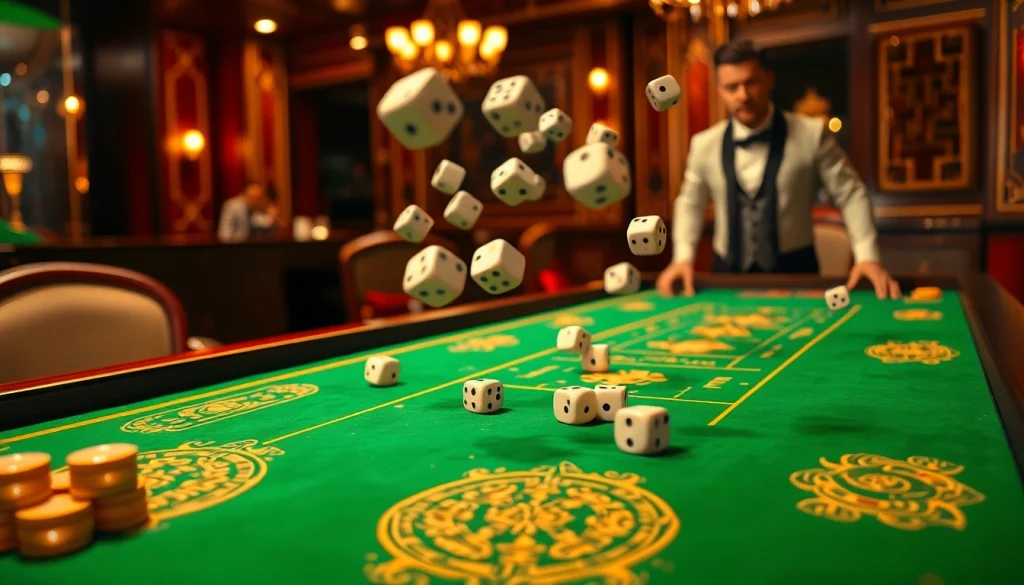 Play Tai Xiu at an upscale casino table with vibrant decor and rolling dice.