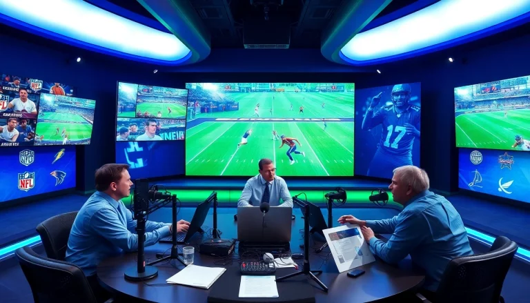 Engaging scene of Sports Broadcasting team reporting live with advanced studio gear.