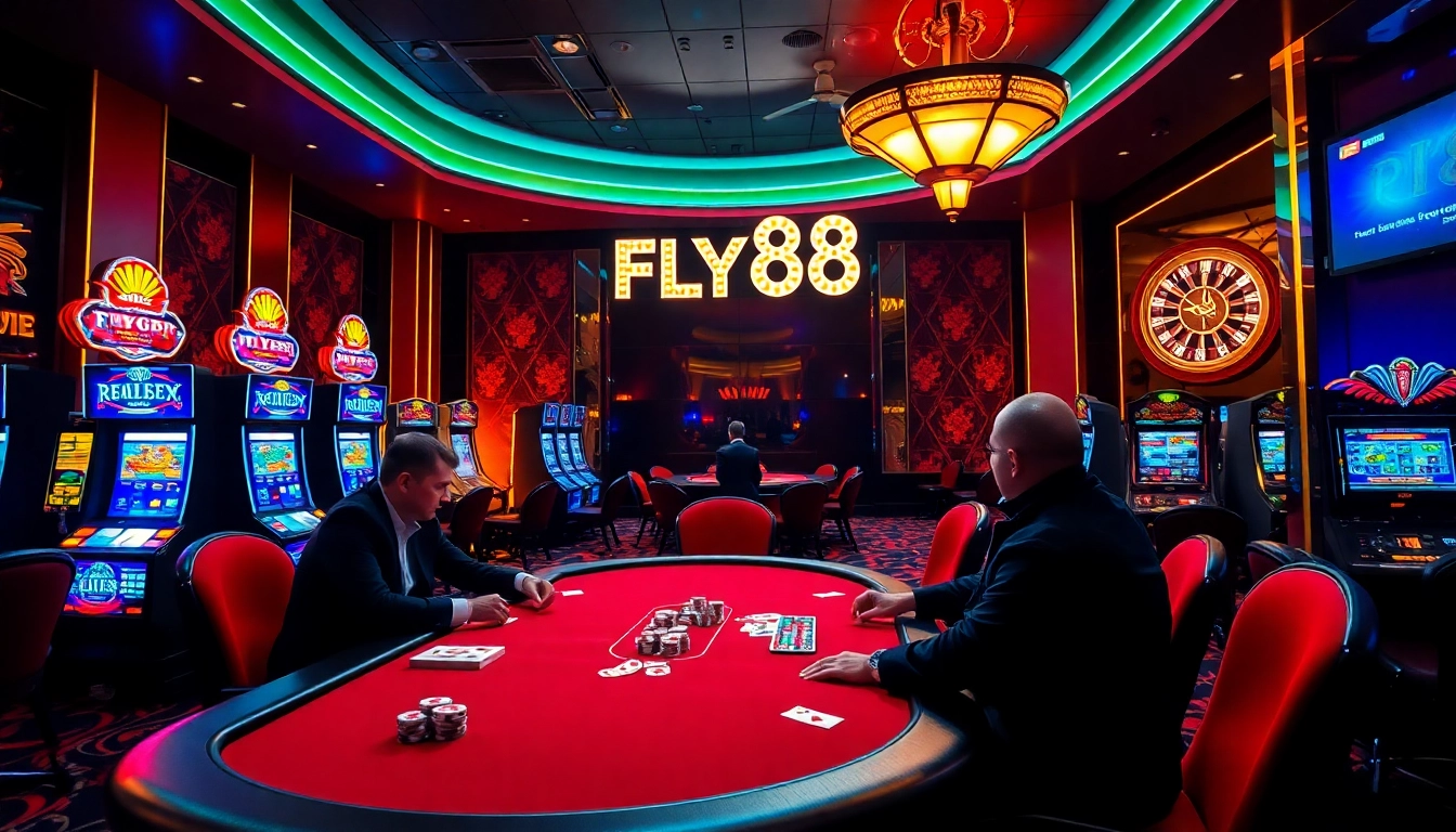 Experience FLY88 with players at a vibrant poker table in a luxurious casino setting.