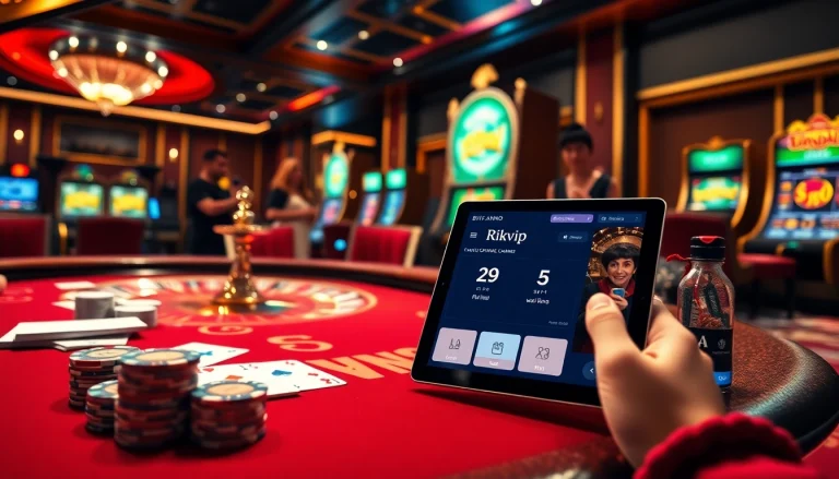 Gamblers enjoying an immersive experience on Rikvip in a vibrant casino setting.