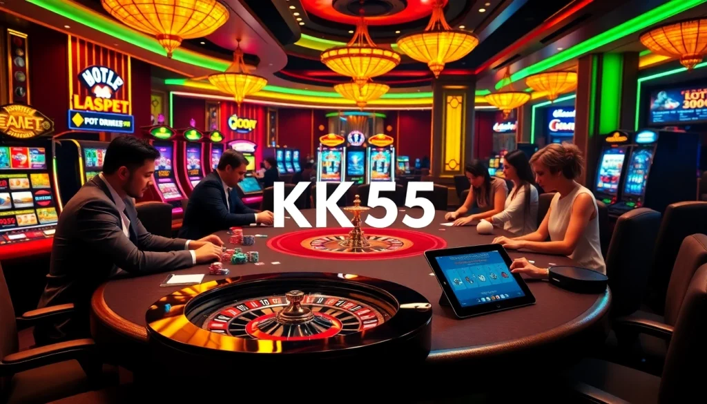 Engaging poker scene at a casino with KK55 strategies displayed, highlighting excitement and professionalism.