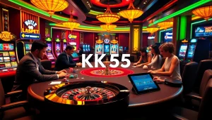 Engaging poker scene at a casino with KK55 strategies displayed, highlighting excitement and professionalism.