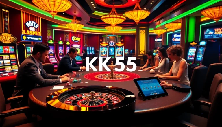 Engaging poker scene at a casino with KK55 strategies displayed, highlighting excitement and professionalism.