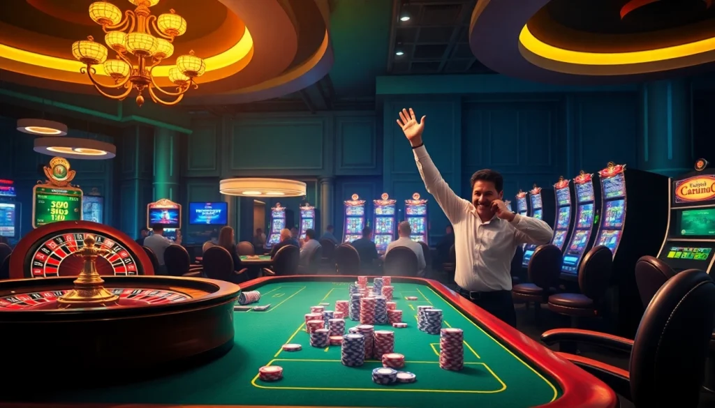 Exciting casino experience at 99ok showcasing roulette wheels and poker tables with players.
