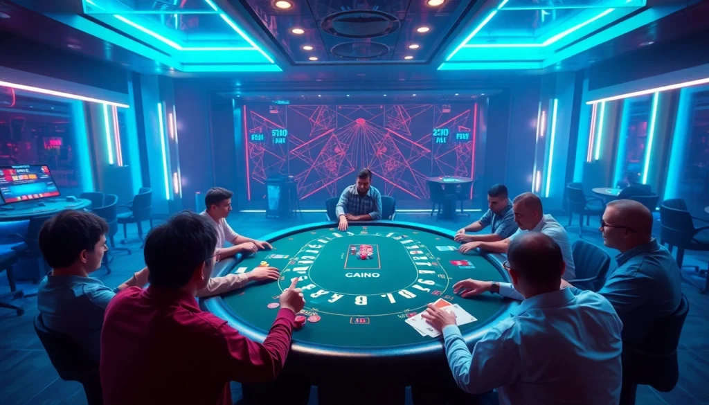 Jouez au crypto casino avec des joueurs enthousiastes autour d'une table de jeu moderne, dans une ambiance animée.