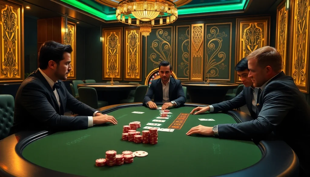 Enjoy a thrilling poker game at FLY88, showcasing chips, cards, and an engaging atmosphere.