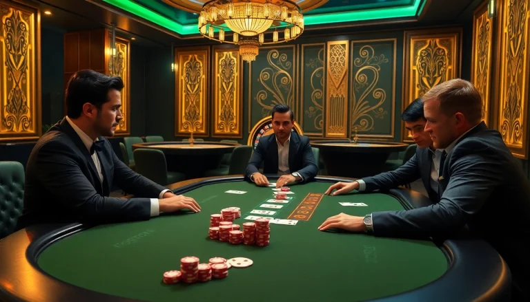 Enjoy a thrilling poker game at FLY88, showcasing chips, cards, and an engaging atmosphere.