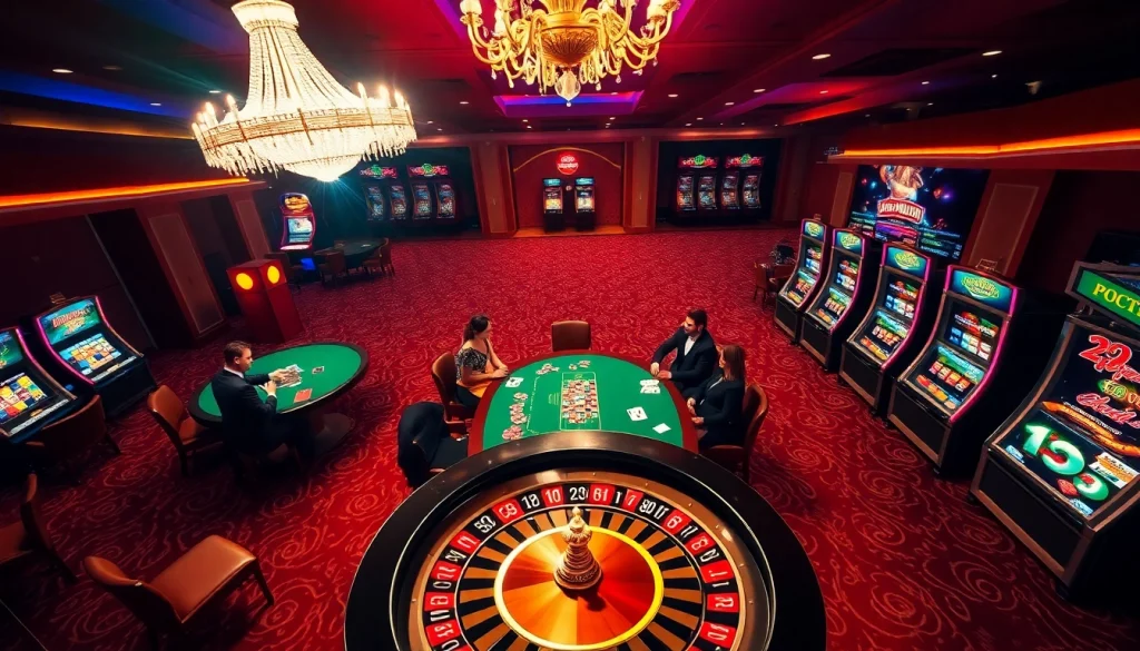 A vibrant casino scene showcasing high-stakes poker at https://32win.spot/ with colorful chips and an elegant roulette wheel.