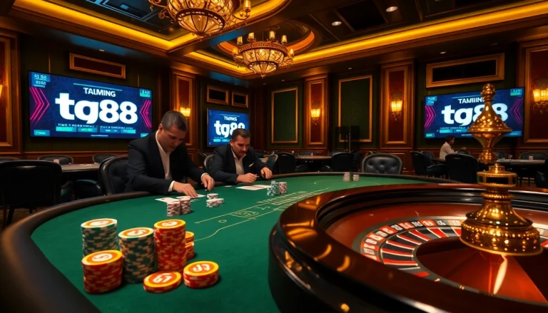 Experience thrilling online gambling with tg88 at a luxurious casino featuring poker and roulette.