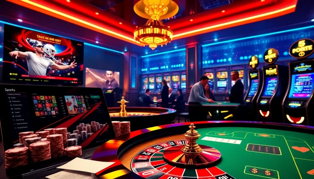 Nouveau site de paris sportif en ligne showcasing a vibrant digital casino with betting interfaces and casino elements.