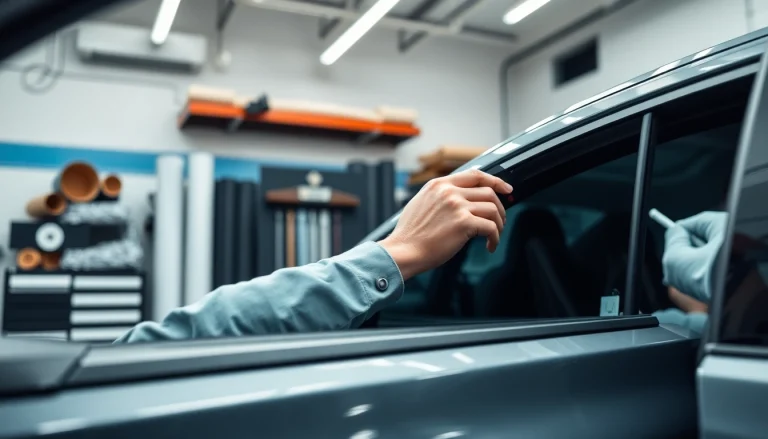 Applying window tint near me with professional expertise in a modern car workshop
