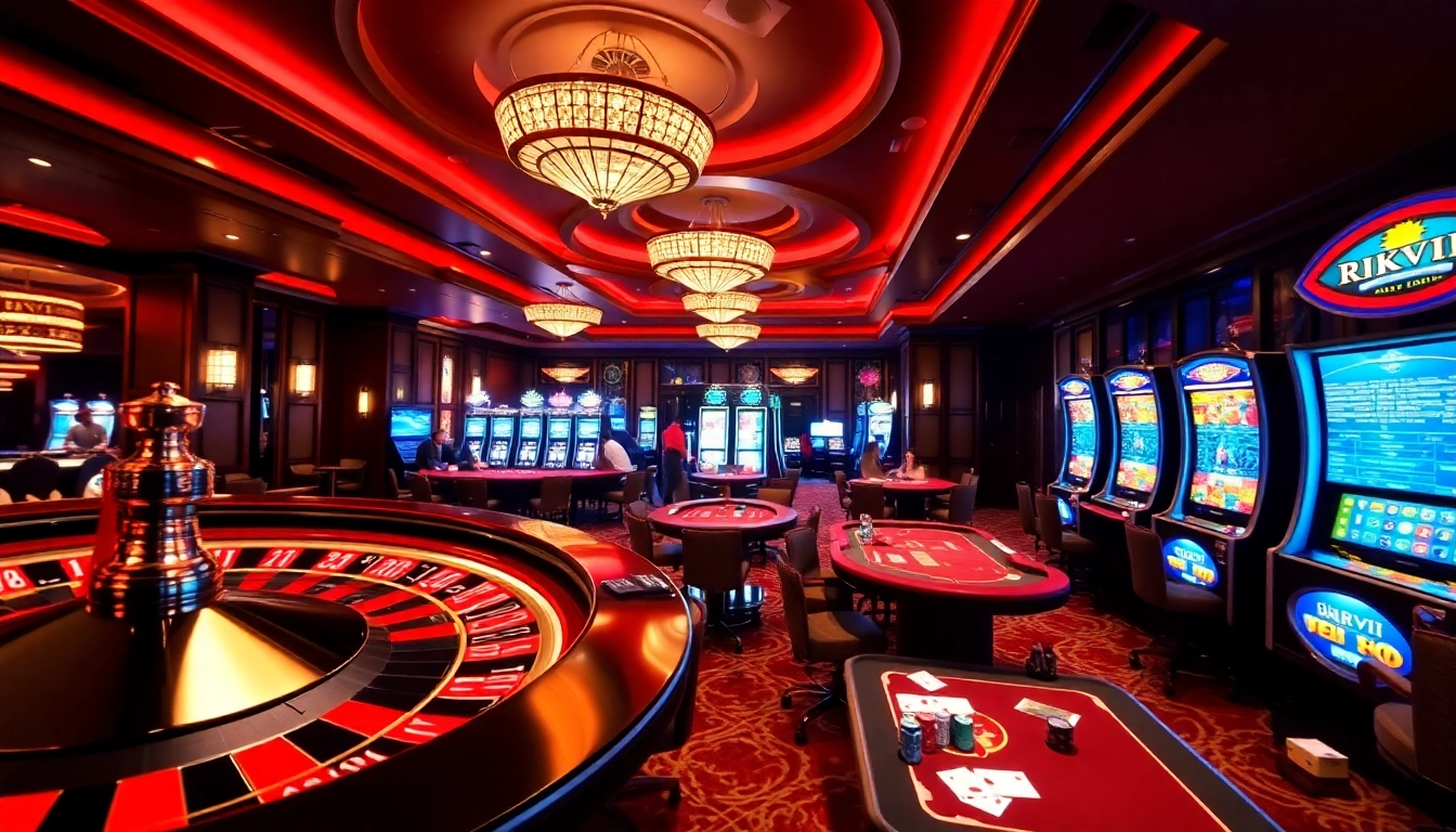 Experience high-stakes gaming at RIKVIP casino, featuring colorful roulette wheels and engaged players.