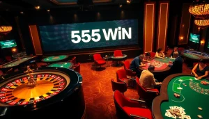 Experience high-stakes gambling with 555 win at luxurious casino tables illuminated in golden light.