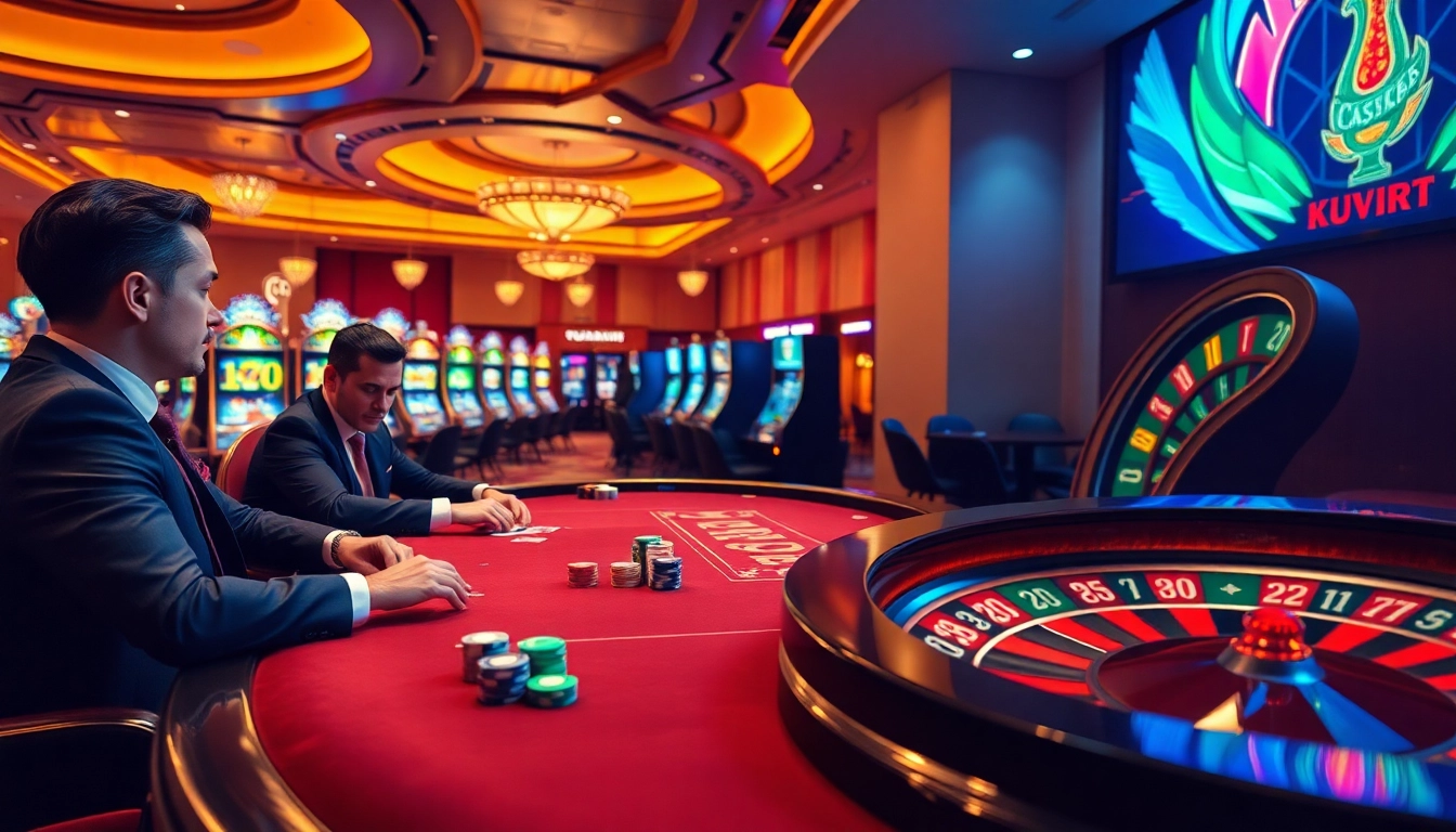 Players experience the thrill of kuwin 2 at a luxury poker table surrounded by vibrant slot machines.