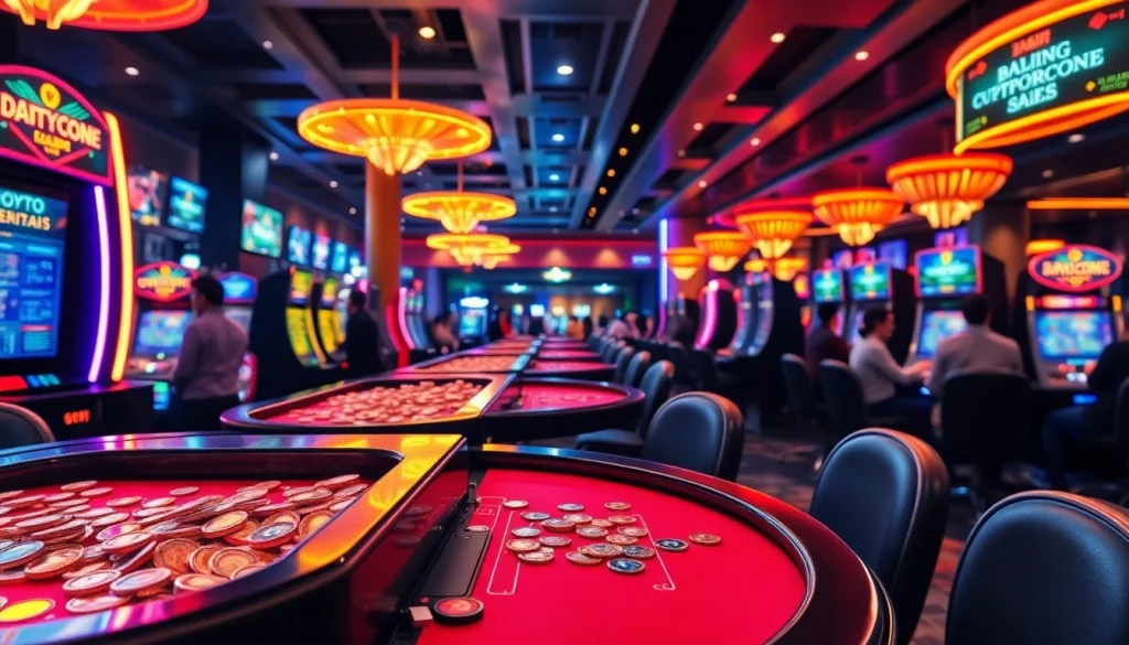 Meilleur casino crypto avec ambiance vibrante et éclairage néon sur des tables de jeu.