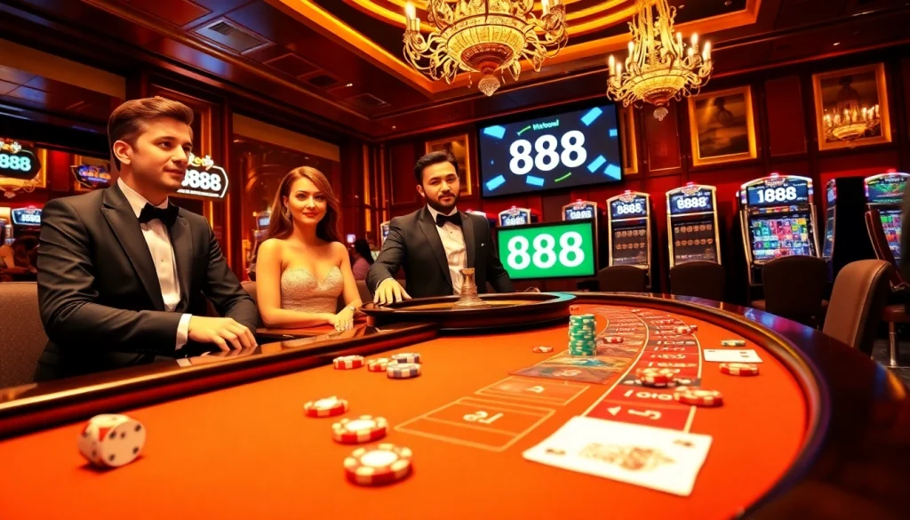 Gambling at u 888 casino with a vibrant table setting showcasing poker chips and cards.