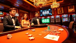 Gambling at u 888 casino with a vibrant table setting showcasing poker chips and cards.