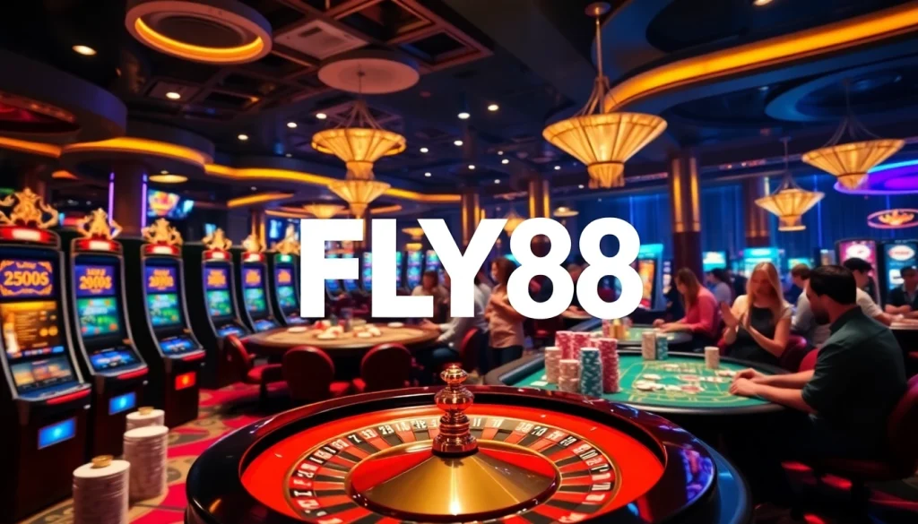 Experience the thrill of FLY 88 gambling with vibrant casino elements showcasing slot machines and poker tables.