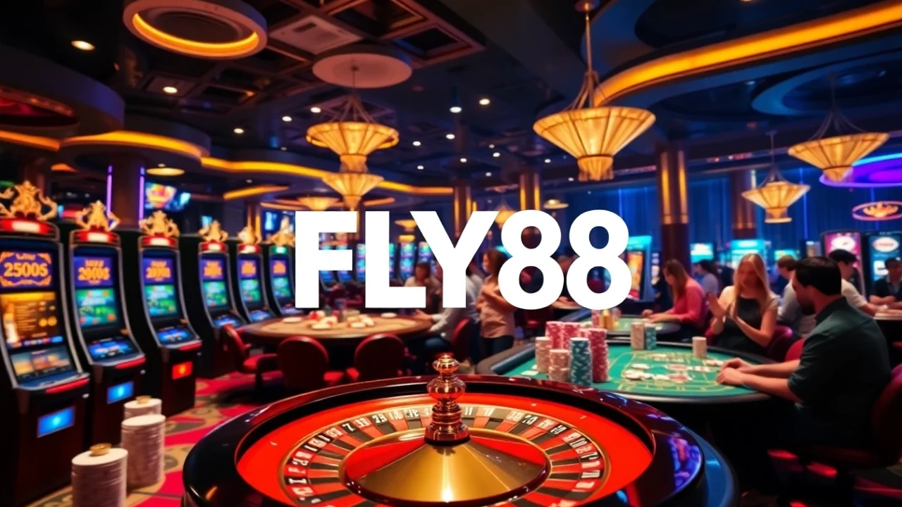 Experience the thrill of FLY 88 gambling with vibrant casino elements showcasing slot machines and poker tables.