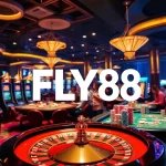Experience the thrill of FLY 88 gambling with vibrant casino elements showcasing slot machines and poker tables.
