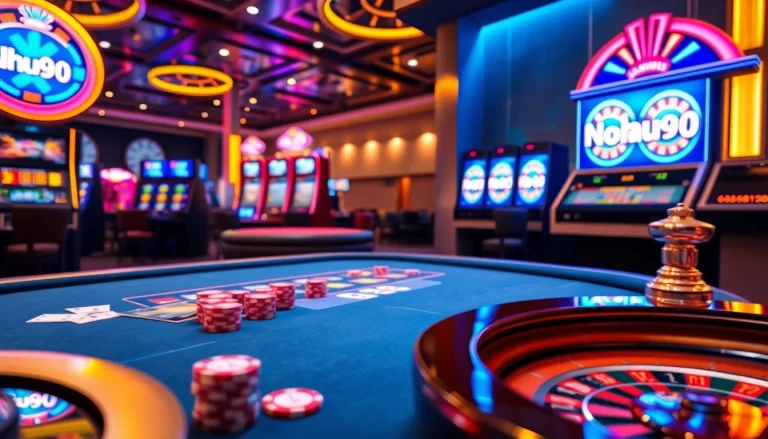 Nohu90 casino scene showcasing luxurious slot machines and poker tables in a vibrant lighting atmosphere.