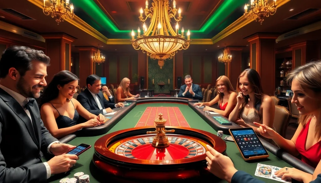Experience the excitement of gambling at 33win with vibrant tables, roulette wheels, and engaged players.