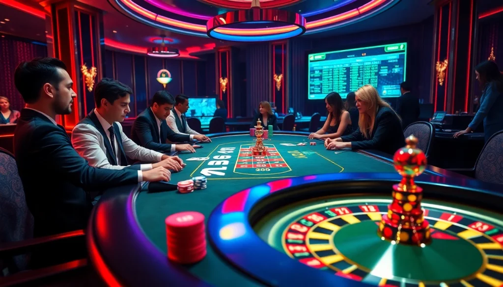 Iwin68 poker table with vibrant chips and eager players in an exciting casino atmosphere