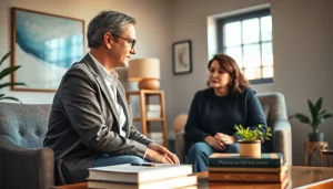 Therapist discussing depression symptoms with a client in a comforting office setting.