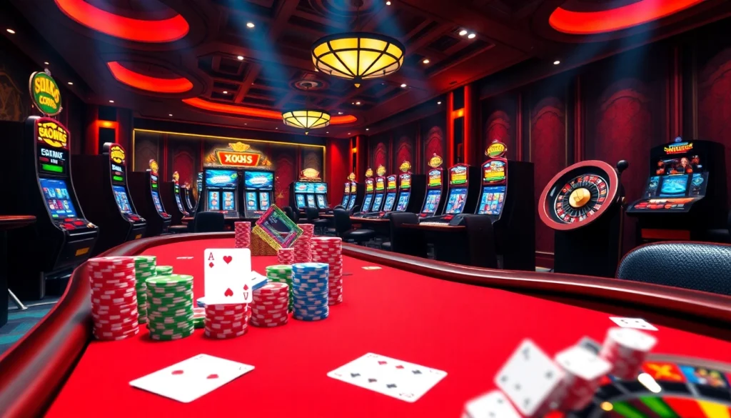 Xoso66 players engaging in thrilling online casino games, showcasing poker chips and vibrant slot machines.