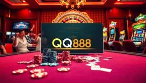 Players enjoying a thrilling game at QQ88 casino tables with colorful chips and cards.