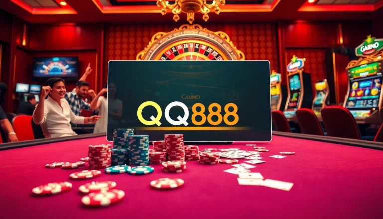 Players enjoying a thrilling game at QQ88 casino tables with colorful chips and cards.