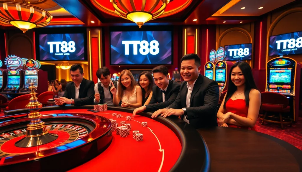 TT88 players enjoying an engaging online casino experience with vibrant games and luxurious atmosphere