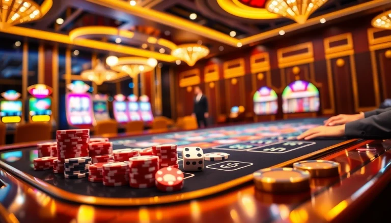 Experience the thrill of betting at https://78winn.co/ with luxurious poker chips and dice on a casino table.