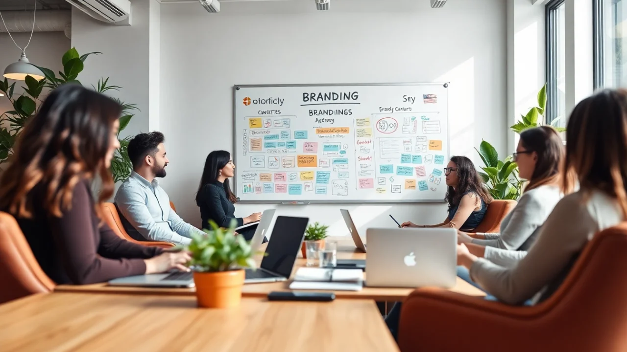 Equipe d'agence de branding discutant de concepts créatifs lors d'une réunion dynamique