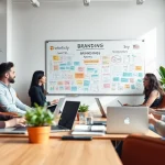 Equipe d'agence de branding discutant de concepts créatifs lors d'une réunion dynamique