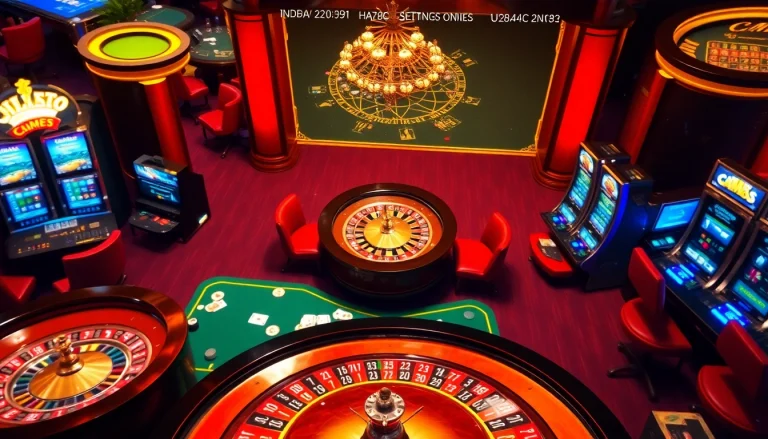 Experience CM88's luxurious casino environment, featuring poker and slot machines with vibrant colors.